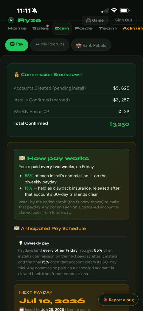 Ryze earnings screen — commissions per deal