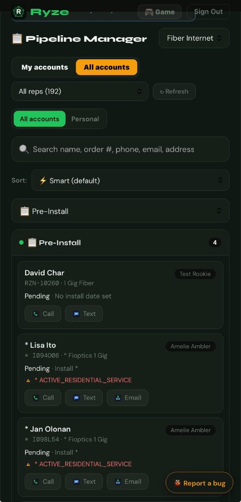 Ryze order pipeline — knock to install stages